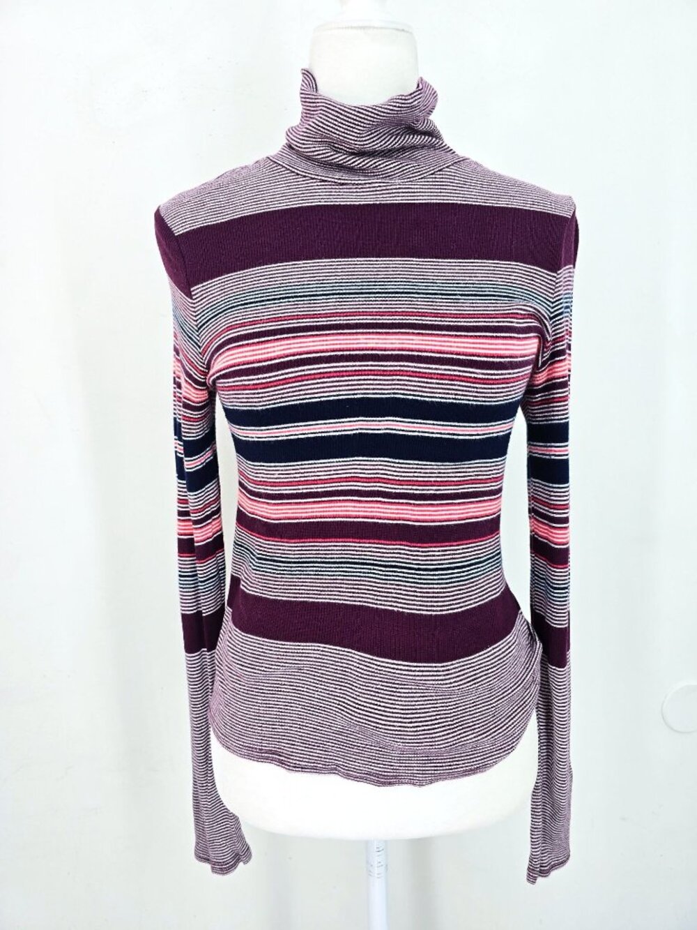 Prince & Fox Y2K 90s Burgundy Striped Ribbed Pullover Turtleneck Sweater Women L